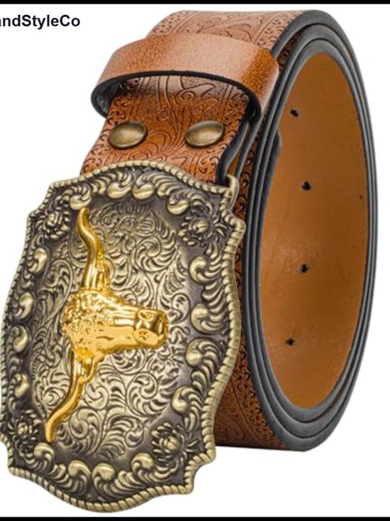 Accessories - Western Cowboy Belt PU Leather Floral Longhorn Buckle Waist 25-38
